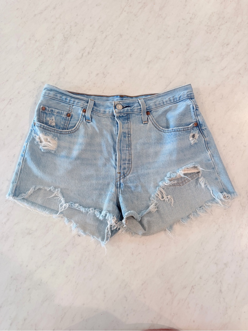Levi's 501 Light Blue Button Fly Distressed Denim Cutoff Shorts